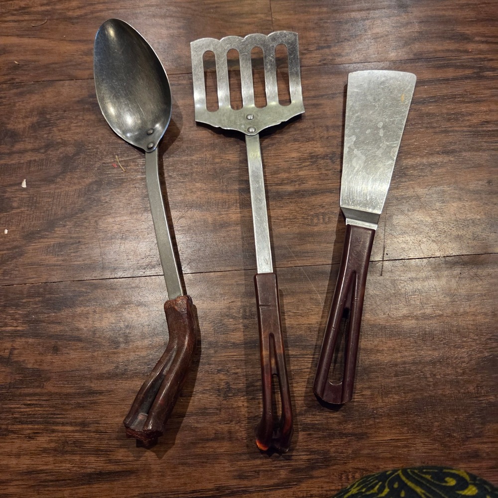Vintage Stanhome Stainless Kitchen Utensil Set Spoon Spatula Brown Handles 3pc